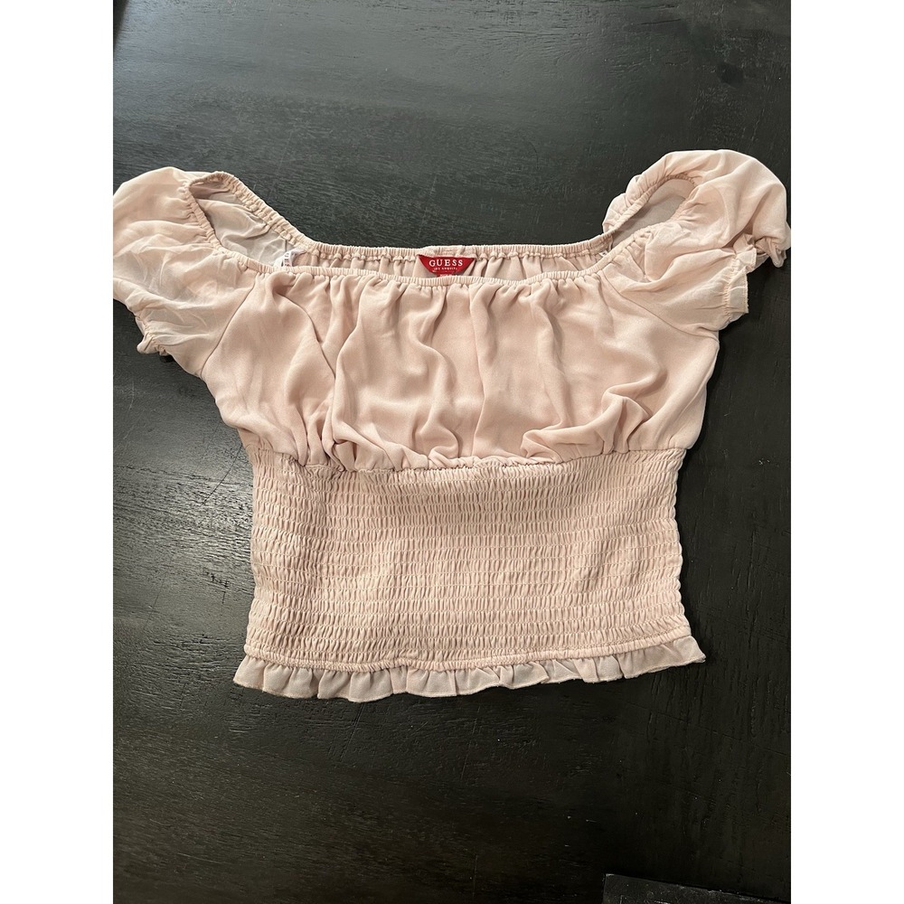 GUESS Y2K Womens‎ Medium Smocked Cropped Blushpink Puff Sleeve Shirt